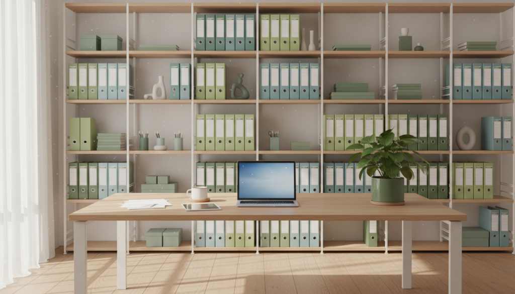 A modern home office setup with a desk and laptop.