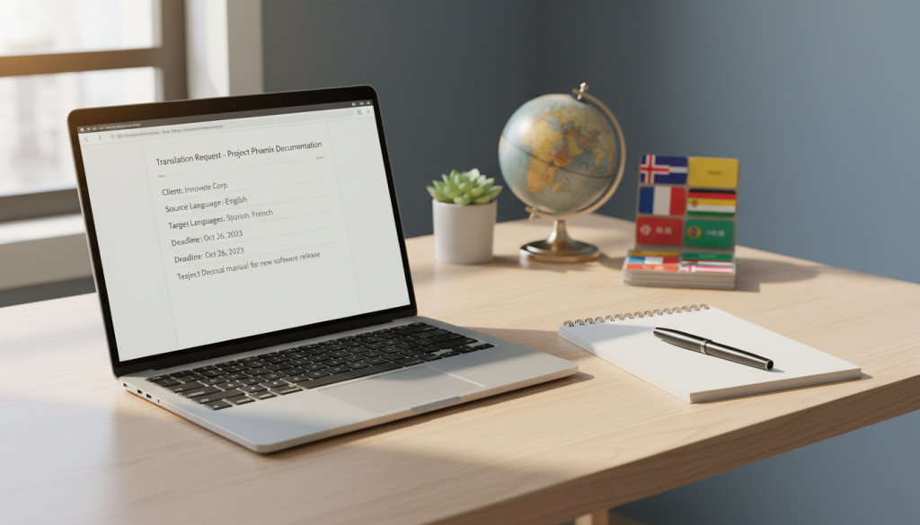 A workspace with a laptop and translation items.