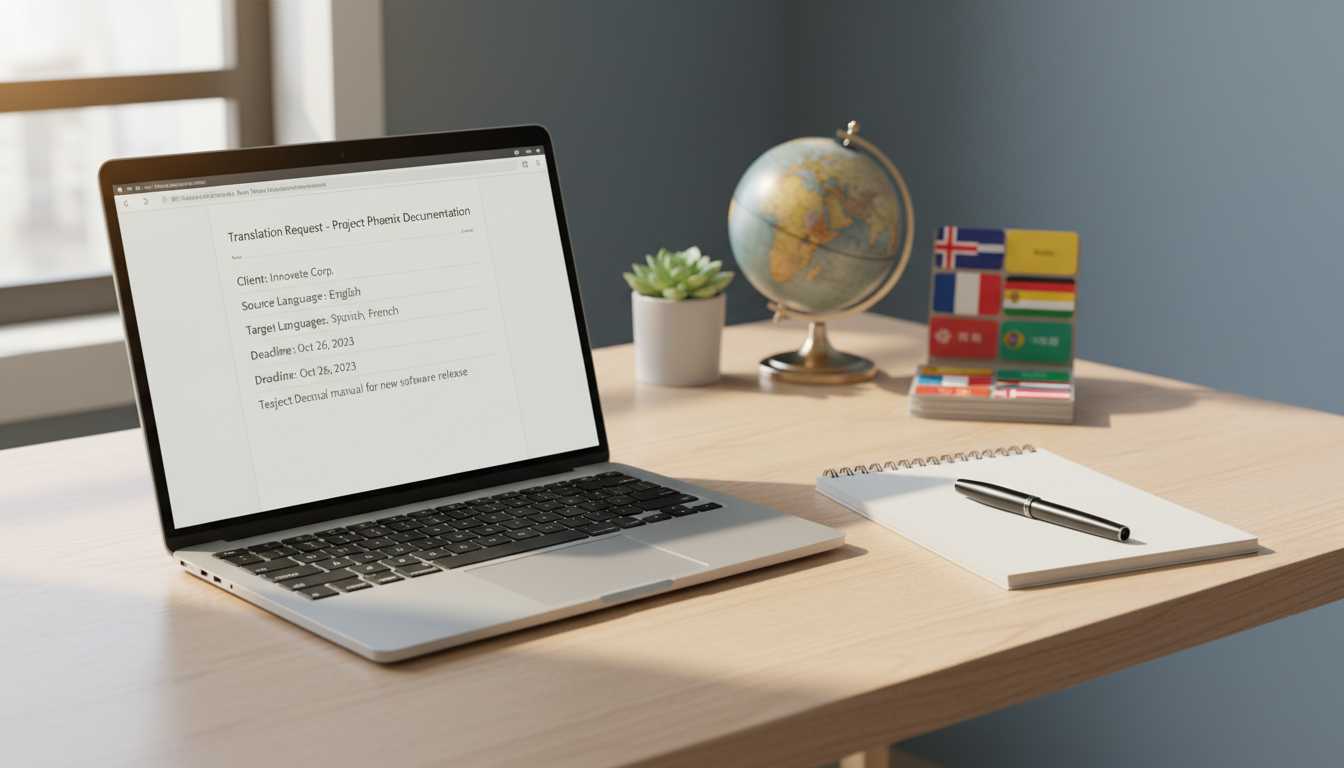 A workspace with a laptop and translation items.