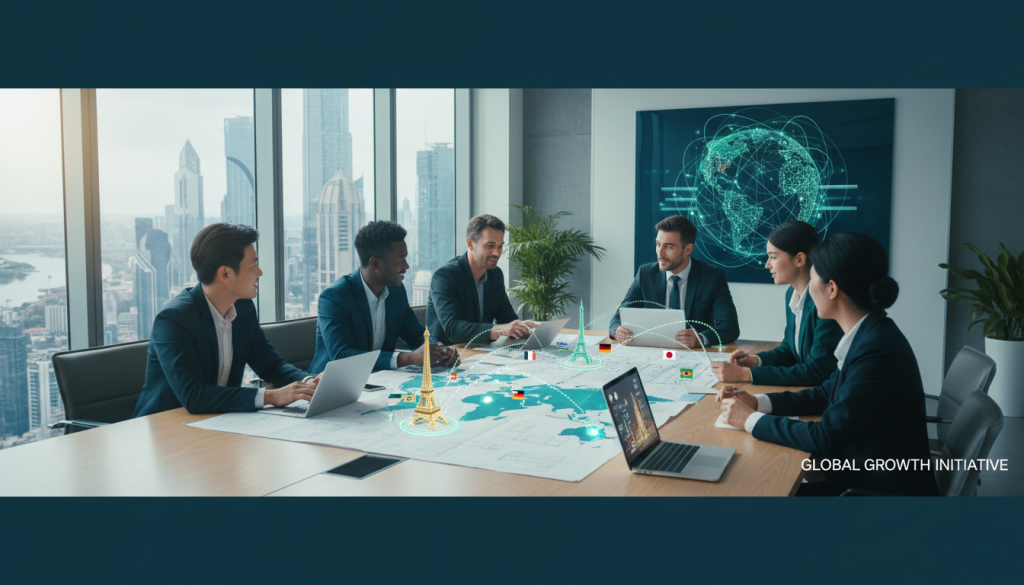 Business team discussing international expansion plans.