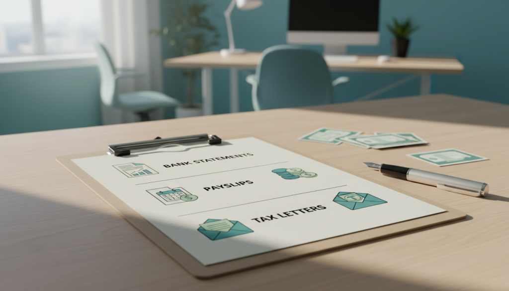 Checklist of banking documents on a desk