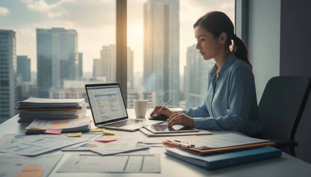 Claims handler translating insurance documents at a desk.