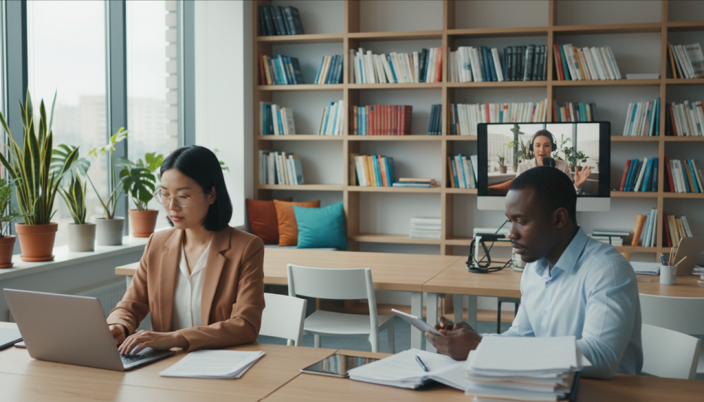 Diverse translators working in a modern office.