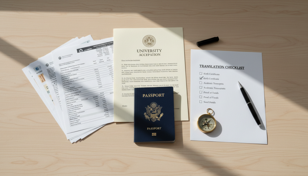 Flat lay of student visa documents and checklist