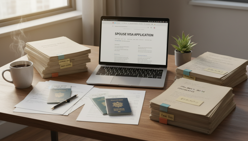 Organized workspace with visa application documents