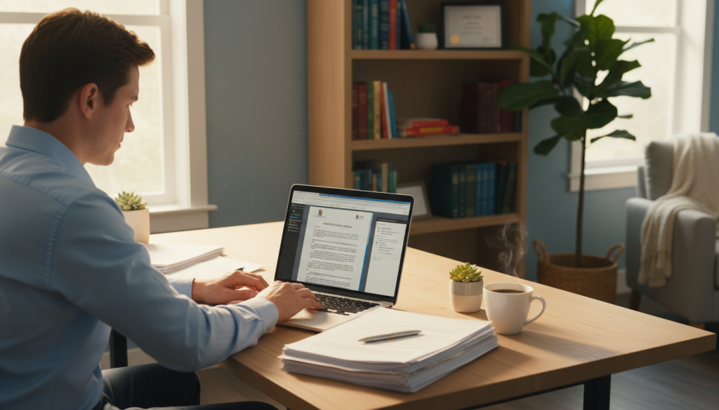 Person translating a council letter at a desk.