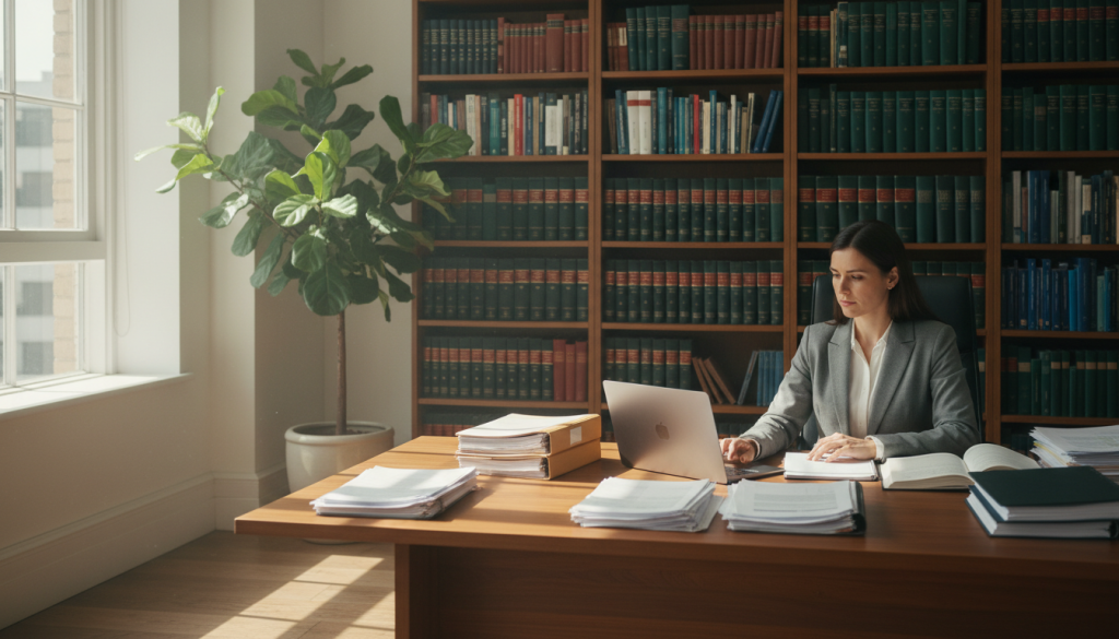 Solicitor in a busy legal office working on documents.