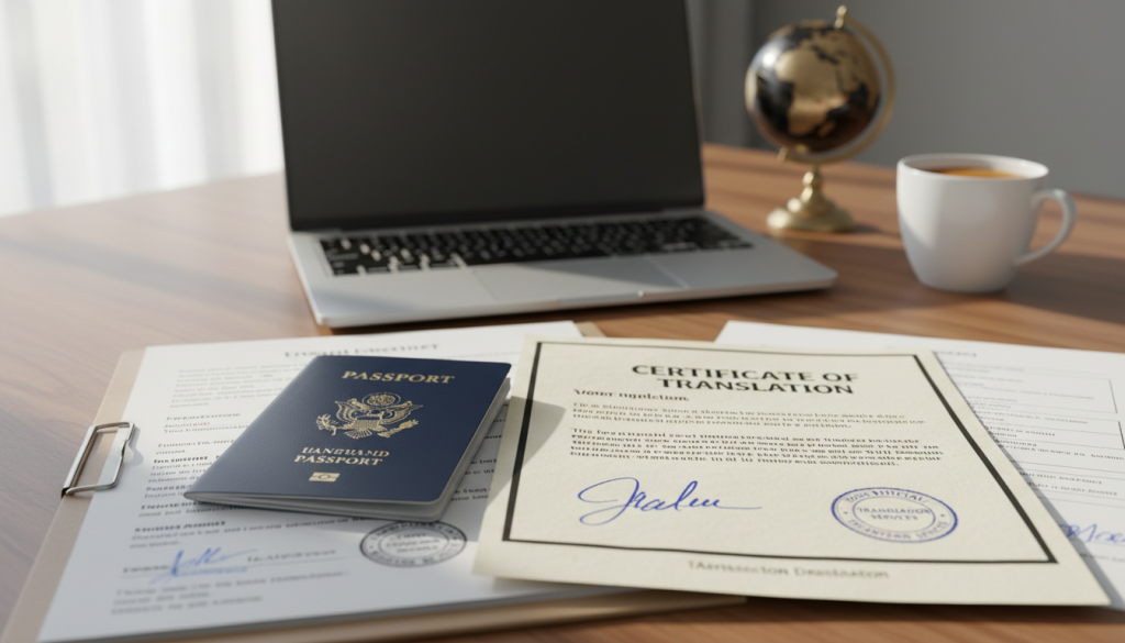 Stack of official documents and a globe on a desk