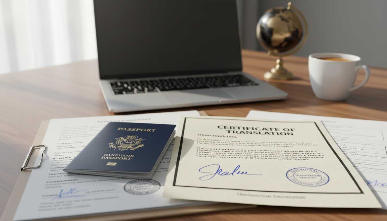 Stack of official documents and a globe on a desk