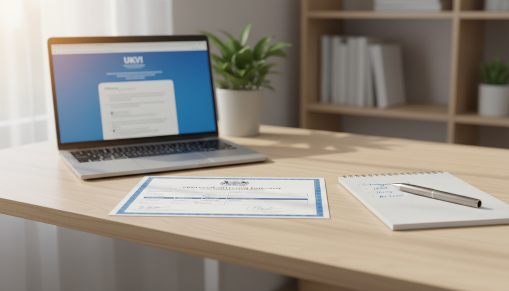 UKVI certificate on a professional desk setup