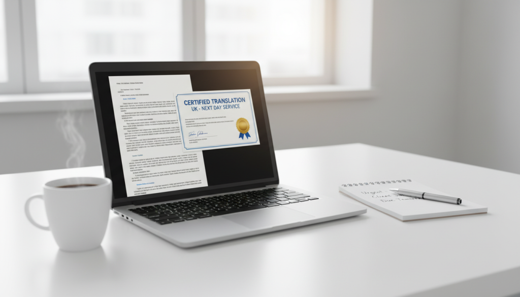 Workspace with a laptop and certification document.