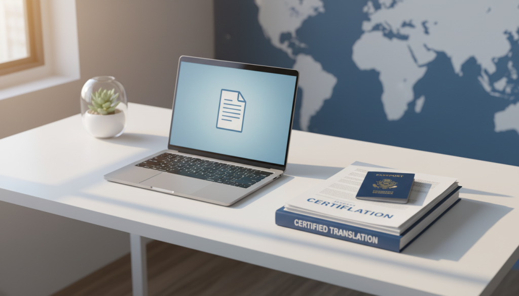 Workspace with passport and translation documents