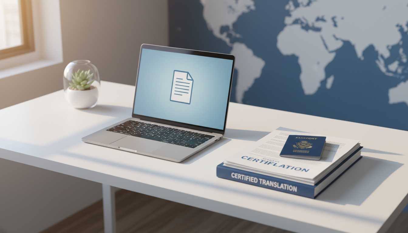 Workspace with passport and translation documents